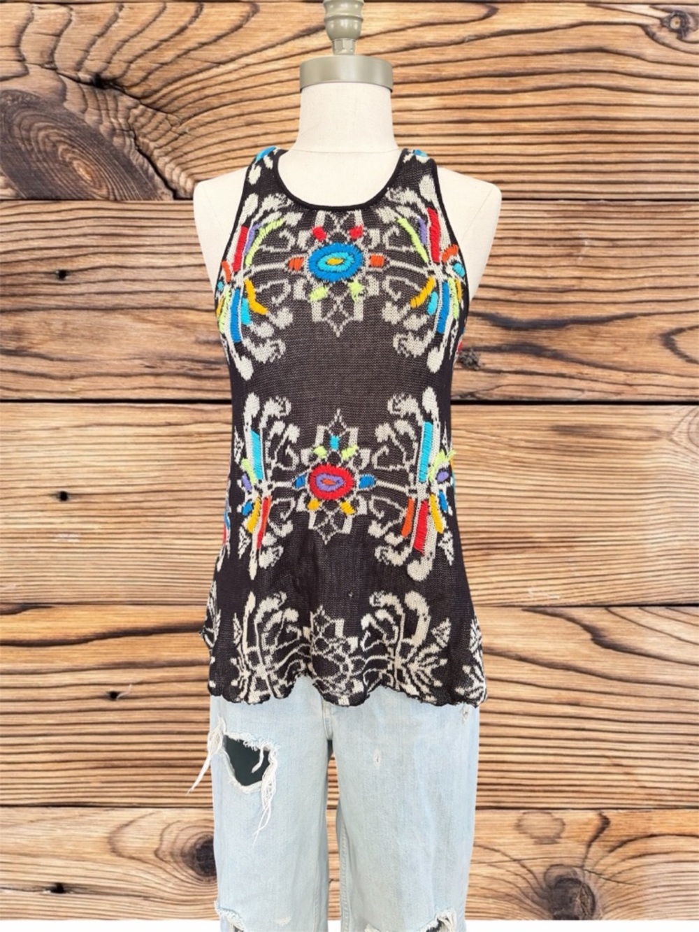 Free People Magic Crochet Back Intarsia Knit Tank Top Generous XS Fit